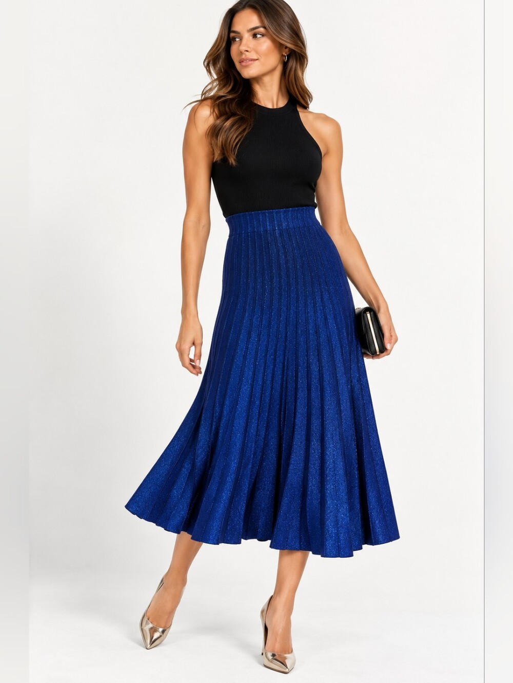 Ronny Kobo Royal Blue Metallic Pleated Knit Midi Skirt S NWT
